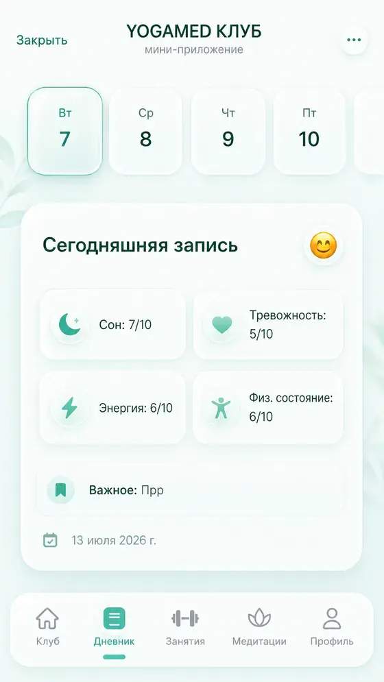 Экран дневника YOGAMED с оценками сна, тревожности, энергии и физического состояния