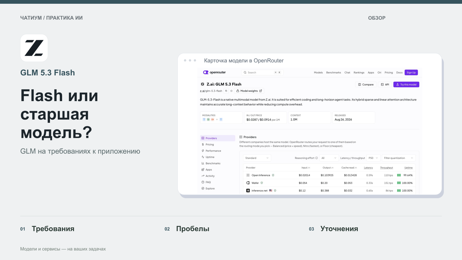 Обложка: GLM 5.3 Flash. Flash или старшая модель? Реальный экран: Карточка модели в OpenRouter.
