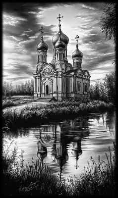 «Церковь пейзаж» — картинка для гравировки на памятнике, № 2441