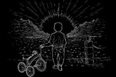 «Контурный рисунок мальчик на берегу» — картинка для гравировки на памятнике, № 1392