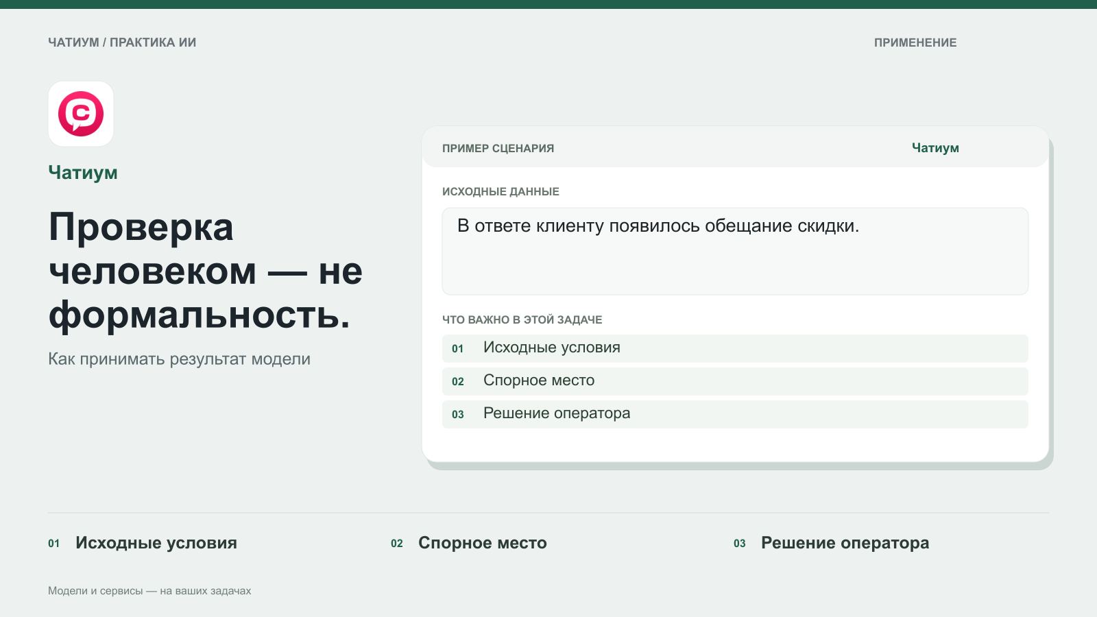 Обложка: Чатиум. Проверка человеком — не формальность. Пример: В ответе клиенту появилось обещание скидки. Исходные условия. Спорное место. Решение оператора.