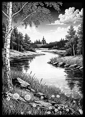 «Пейзаж Церковь 4» — картинка для гравировки на памятнике, № 1118