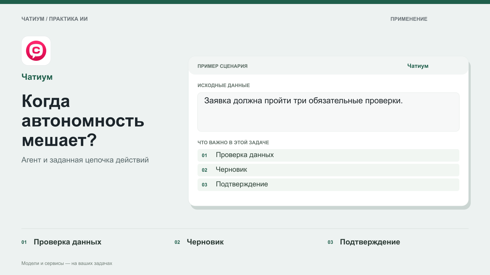 Обложка: Чатиум. Когда автономность мешает? Пример: Заявка должна пройти три обязательные проверки. Проверка данных. Черновик. Подтверждение.