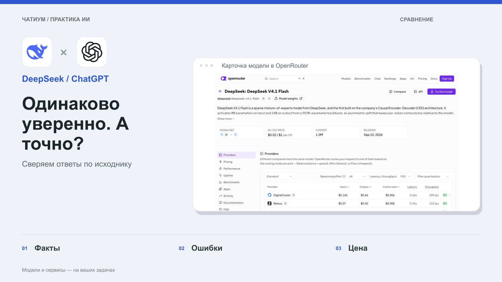 Обложка: DeepSeek / ChatGPT. Одинаково уверенно. А точно? Реальный экран: Карточка модели в OpenRouter.