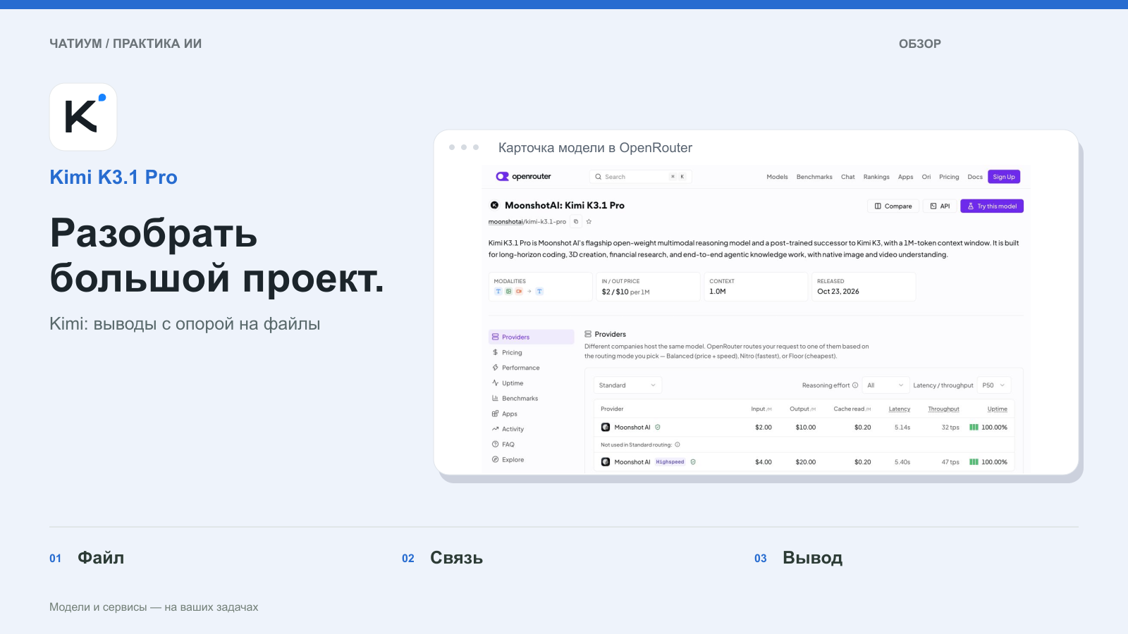Обложка: Kimi K3.1 Pro. Разобрать большой проект. Реальный экран: Карточка модели в OpenRouter.