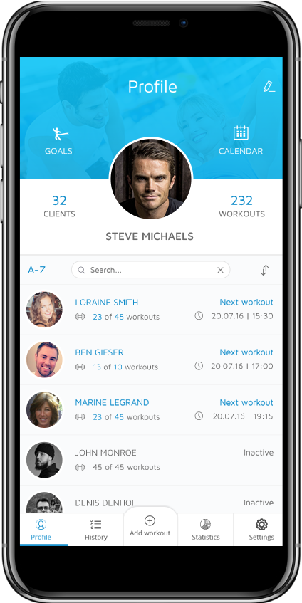 Профиль тренера в приложении Fit Mentor: клиенты, тренировки и напоминания