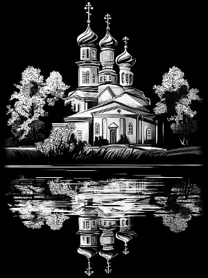 «Церковь с зеленью 9» — картинка для гравировки на памятнике, № 2449