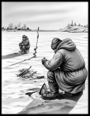 «Пейзаж Рыбак 3 Зима» — картинка для гравировки на памятнике, № 2520