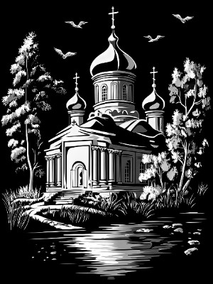 «Церковь с зеленью 13» — картинка для гравировки на памятнике, № 2453