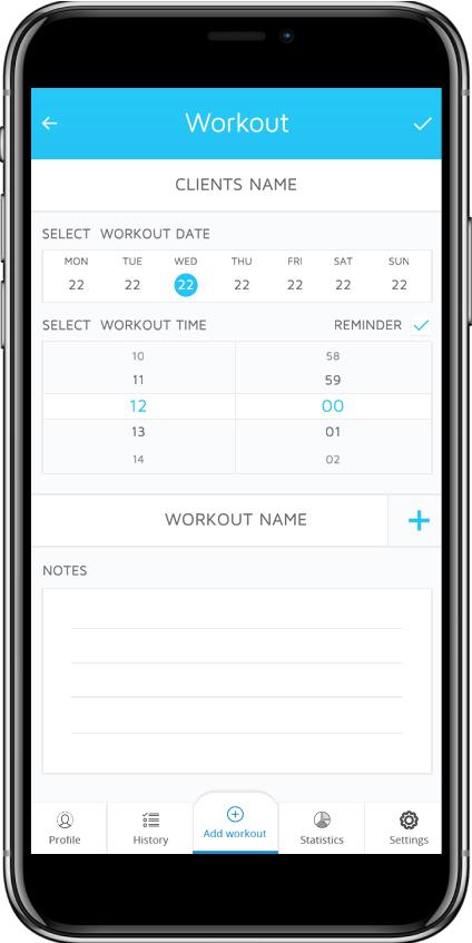 Экран добавления тренировки в Fit Mentor: клиент, дата, время и напоминание