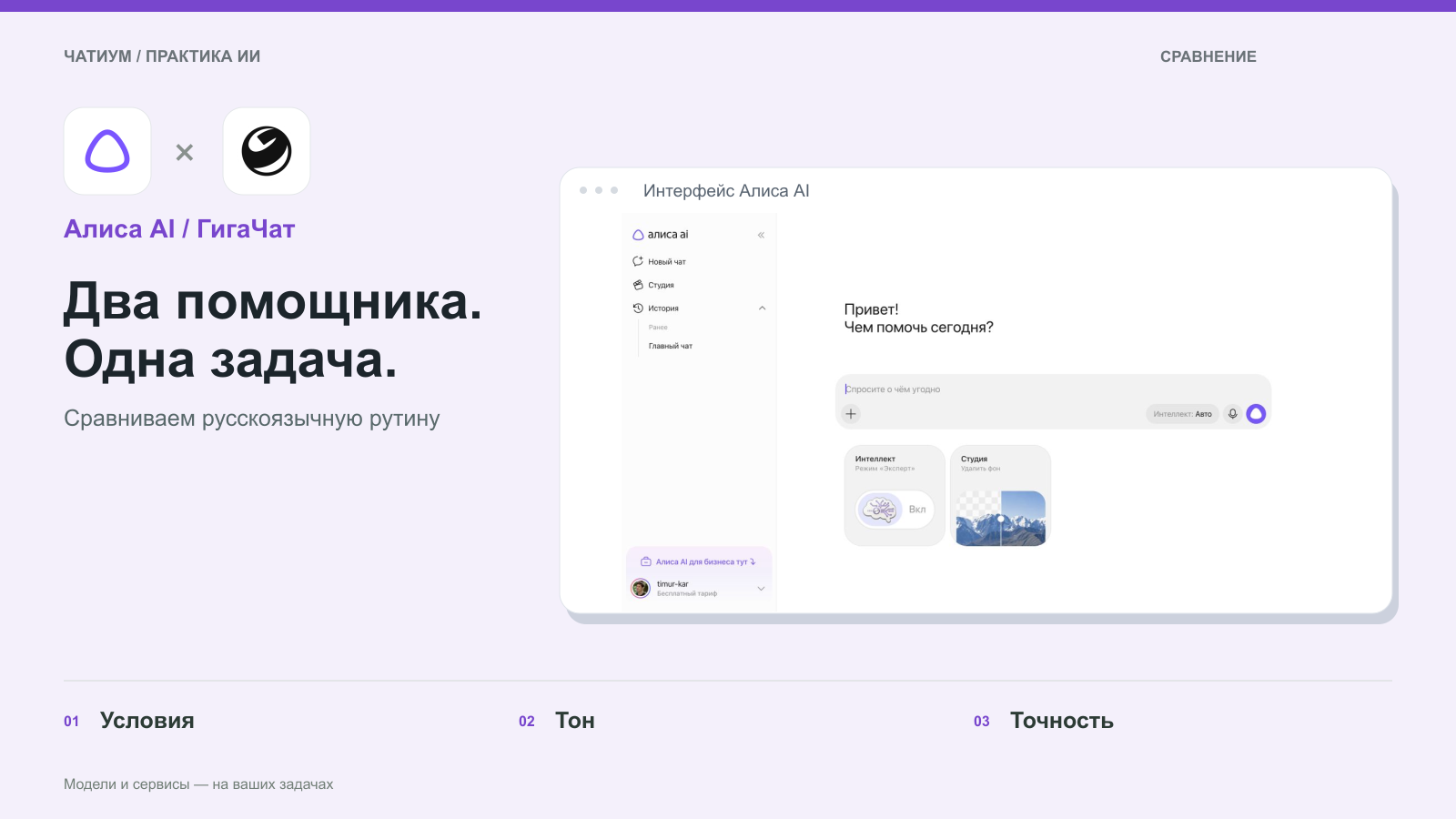 Обложка: Алиса AI / ГигаЧат. Два помощника. Одна задача. Реальный экран: Интерфейс Алиса AI.