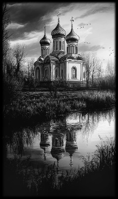 «Церковь пейзаж 2» — картинка для гравировки на памятнике, № 2438