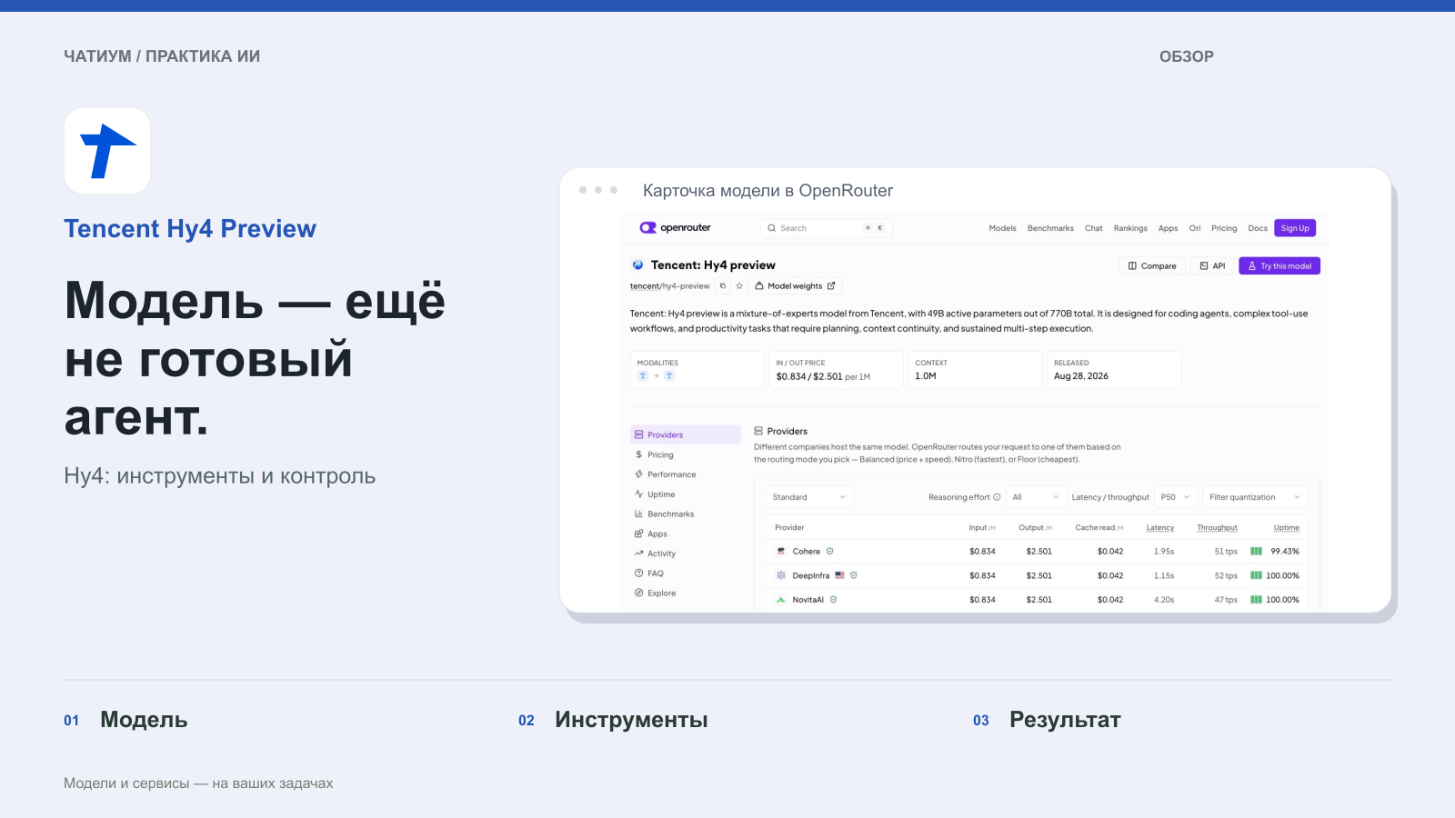 Обложка: Tencent Hy4 Preview. Модель — ещё не готовый агент. Реальный экран: Карточка модели в OpenRouter.