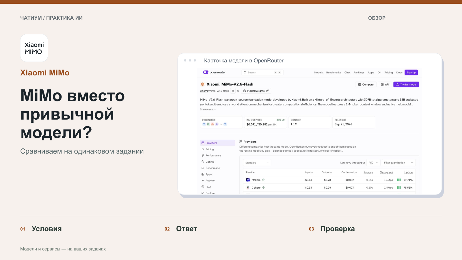 Обложка: Xiaomi MiMo. MiMo вместо привычной модели? Реальный экран: Карточка модели в OpenRouter.