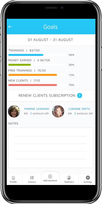 Экран целей тренера в Fit Mentor: тренировки, заработок, бесплатные тренировки, новые клиенты