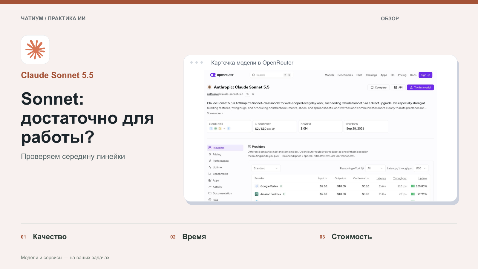 Обложка: Claude Sonnet 5.5. Sonnet: достаточно для работы? Реальный экран: Карточка модели в OpenRouter.