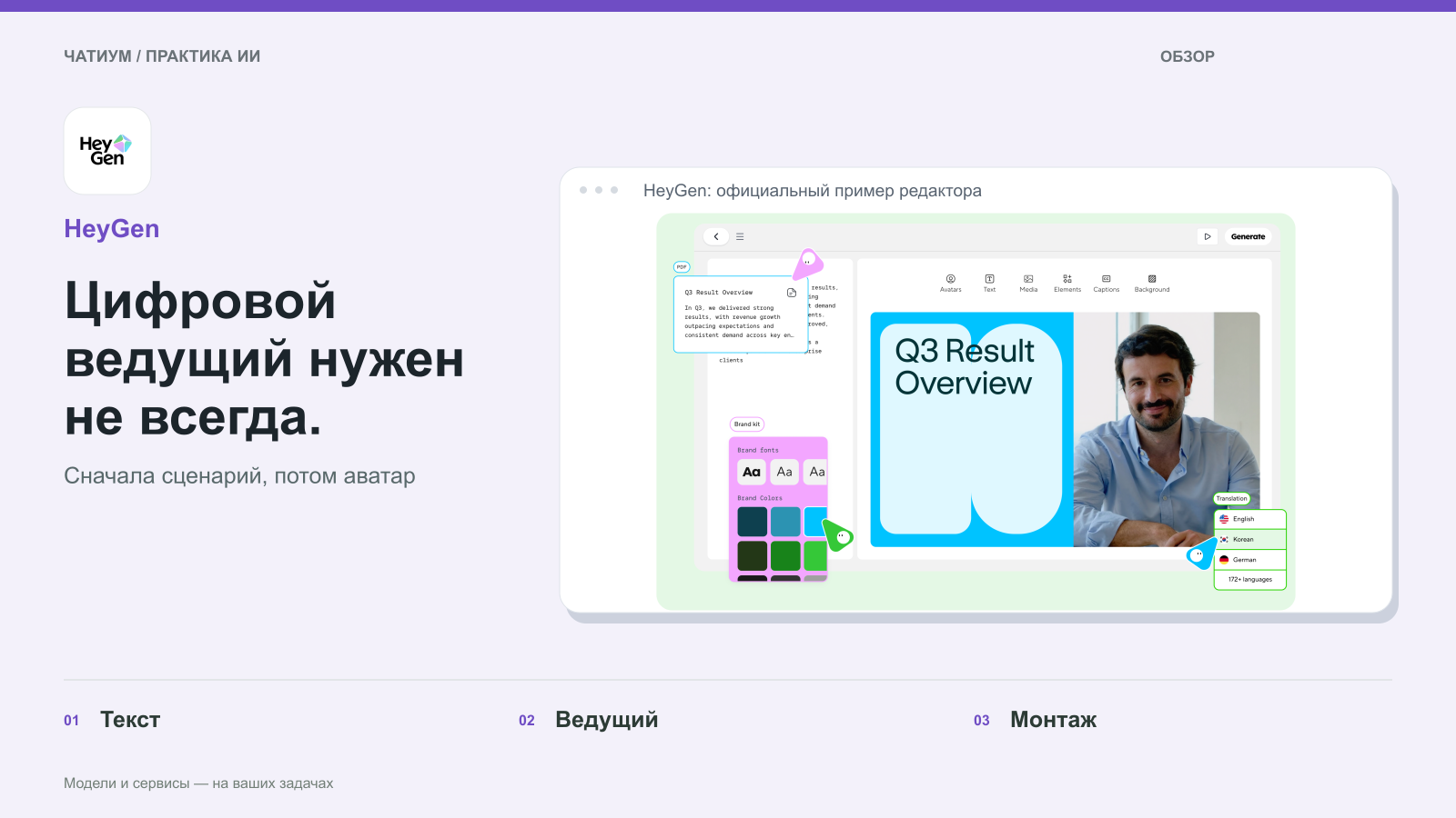 Обложка: HeyGen. Цифровой ведущий нужен не всегда. Реальный экран: HeyGen: официальный пример редактора.
