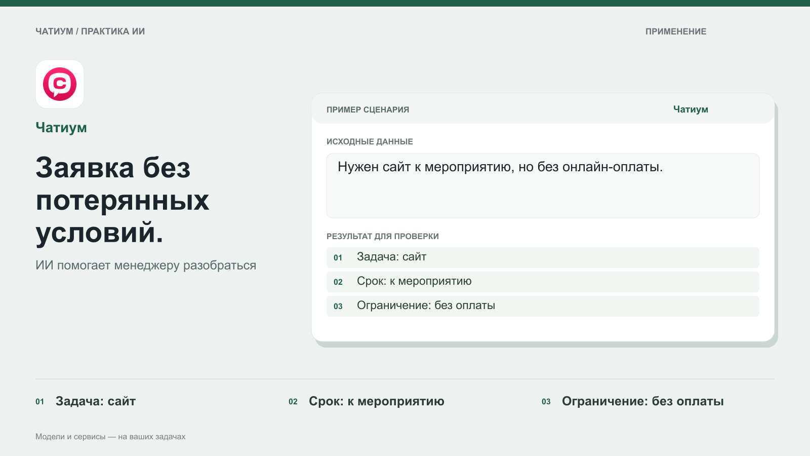 Обложка: Чатиум. Заявка без потерянных условий. Пример: Нужен сайт к мероприятию, но без онлайн-оплаты. Задача: сайт. Срок: к мероприятию. Ограничение: без оплаты.