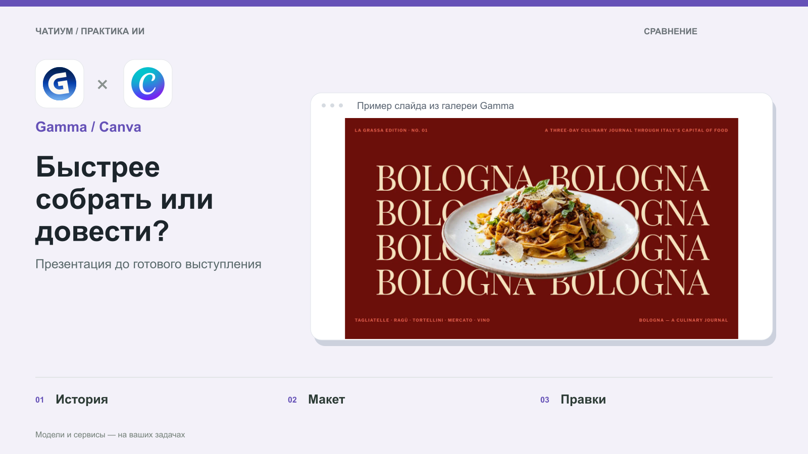 Обложка: Gamma / Canva. Быстрее собрать или довести? Реальный экран: Пример слайда из галереи Gamma.