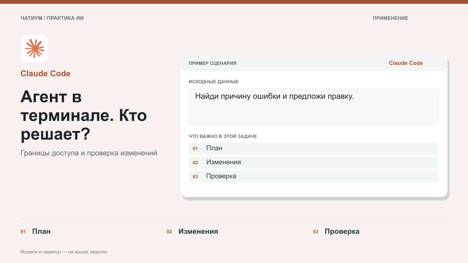 Обложка: Claude Code. Агент в терминале. Кто решает? Пример: Найди причину ошибки и предложи правку. План. Изменения. Проверка.