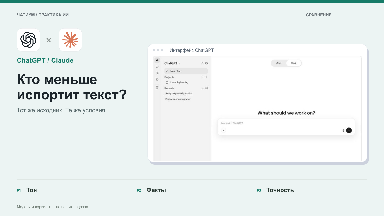 Обложка: ChatGPT / Claude. Кто меньше испортит текст? Реальный экран: Интерфейс ChatGPT.