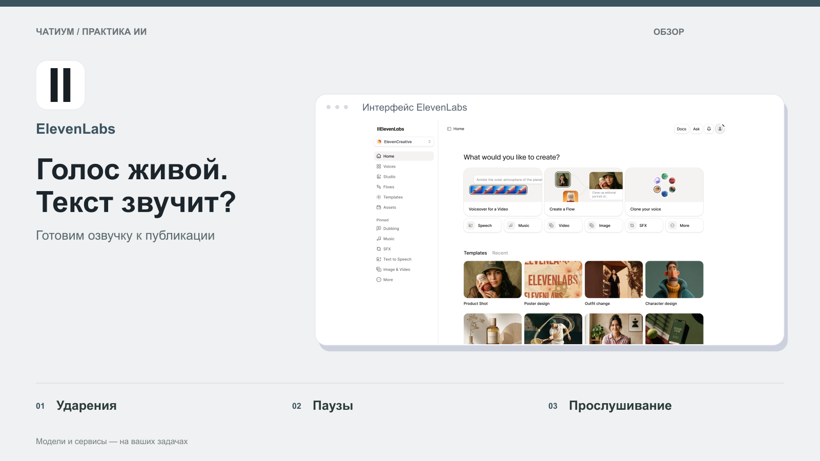 Обложка: ElevenLabs. Голос живой. Текст звучит? Реальный экран: Интерфейс ElevenLabs.