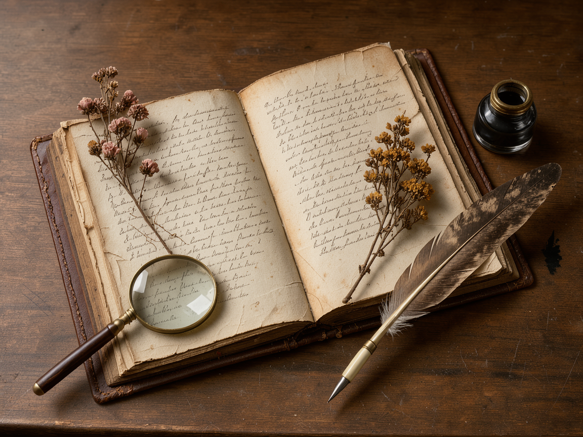 Старинная книга с пером и лупой