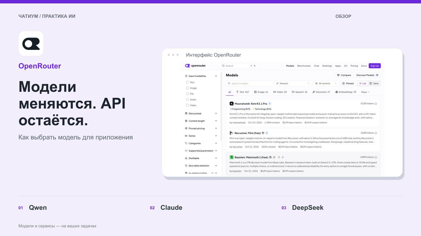 Обложка: OpenRouter. Модели меняются. API остаётся. Реальный экран: Интерфейс OpenRouter.