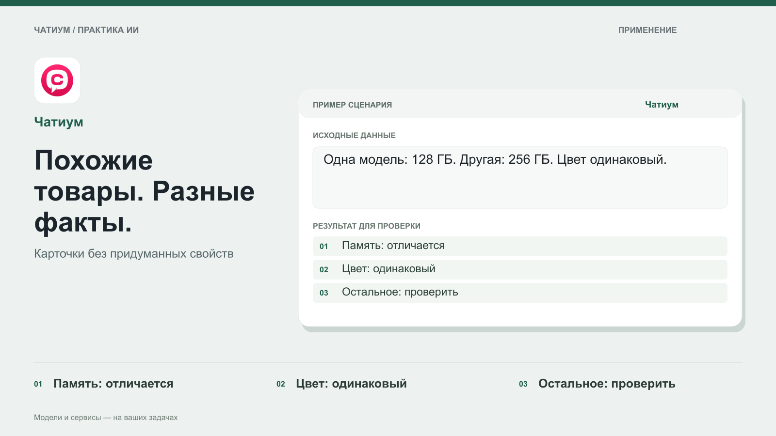 Обложка: Чатиум. Похожие товары. Разные факты. Пример: Одна модель: 128 ГБ. Другая: 256 ГБ. Цвет одинаковый. Память: отличается. Цвет: одинаковый. Остальное: проверить.