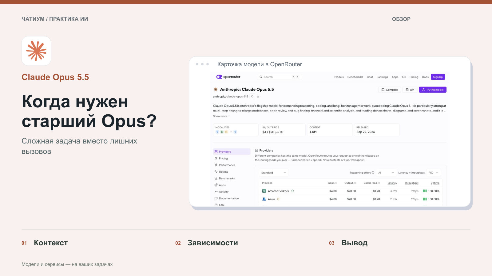Обложка: Claude Opus 5.5. Когда нужен старший Opus? Реальный экран: Карточка модели в OpenRouter.