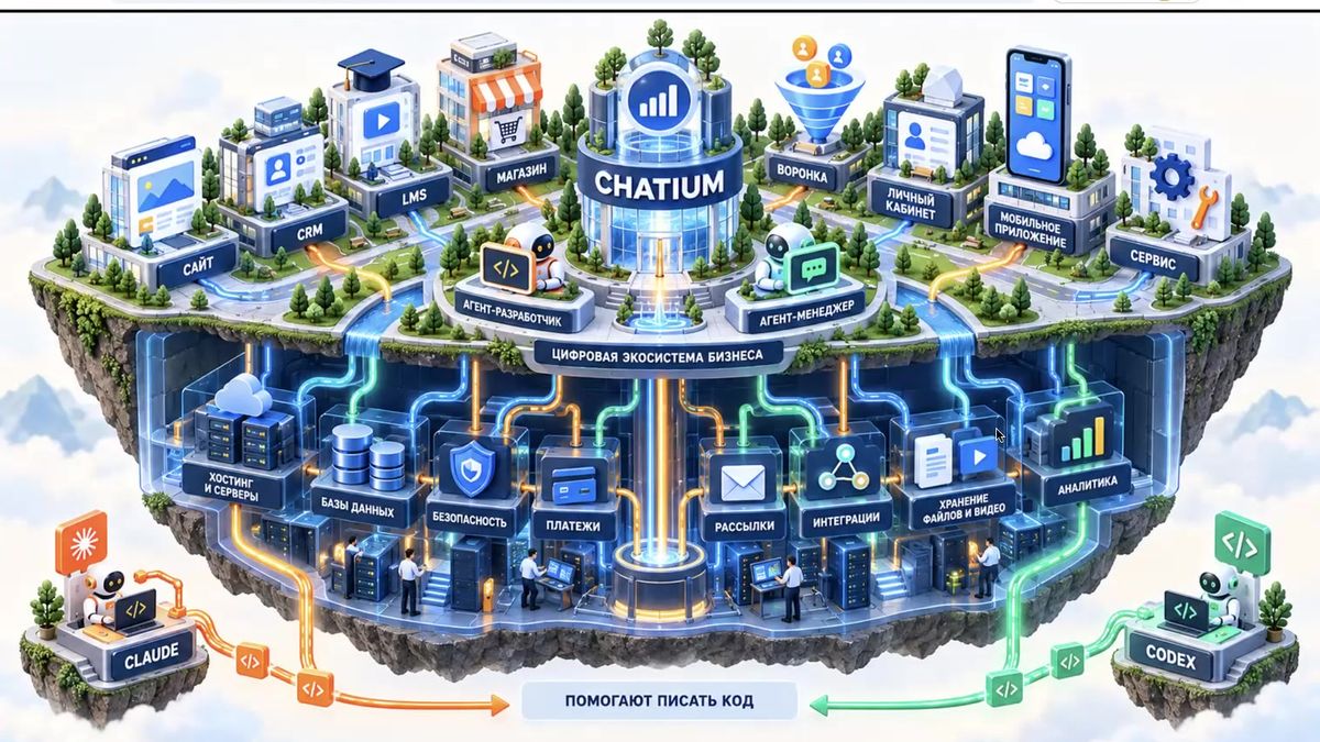 Chatium — инфраструктура цифрового продукта; Claude Code и Codex — подключаемые AI-агенты разработки