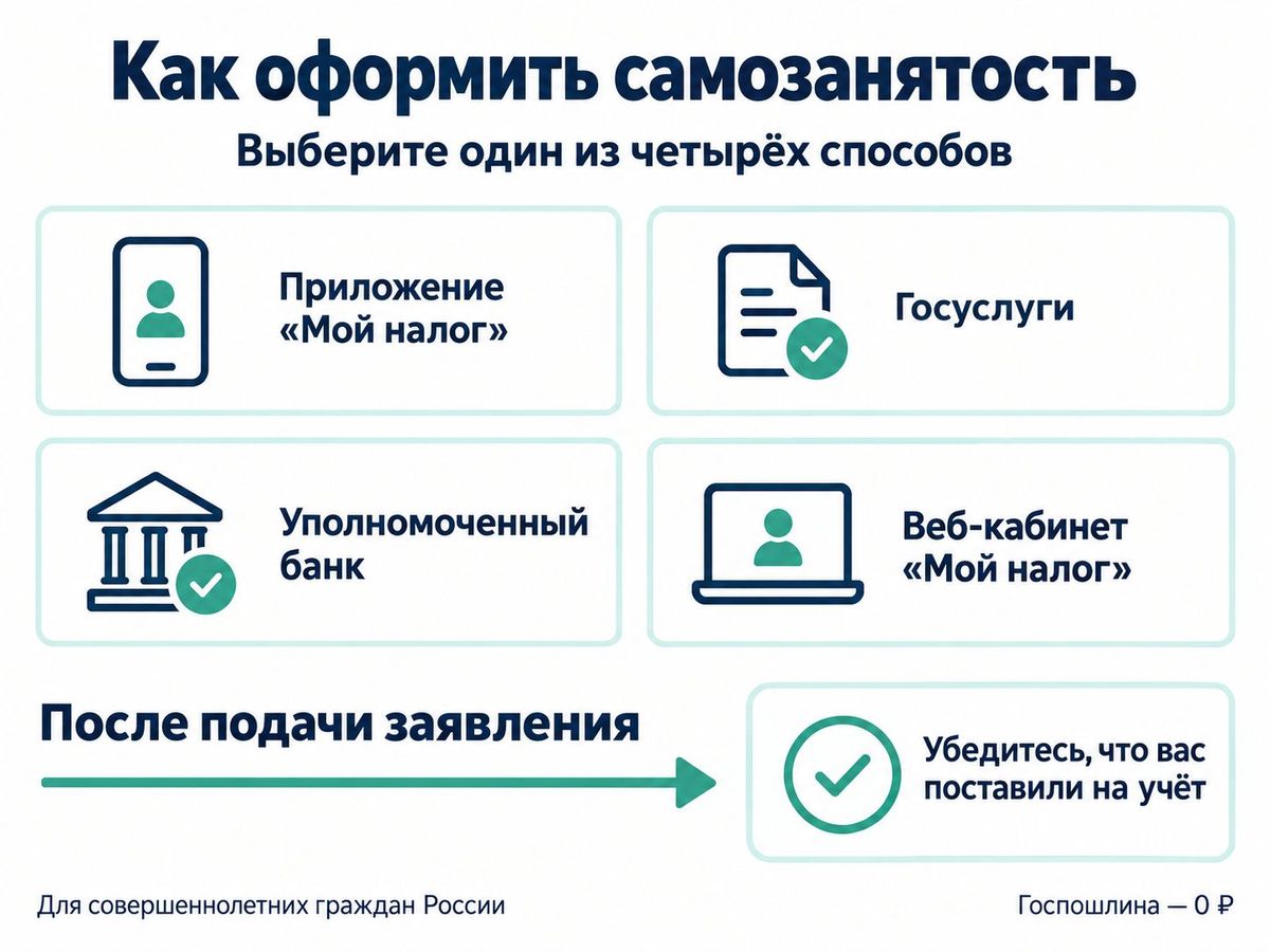 Четыре способа оформить самозанятость: приложение «Мой налог», Госуслуги, уполномоченный банк и веб-кабинет «Мой налог»