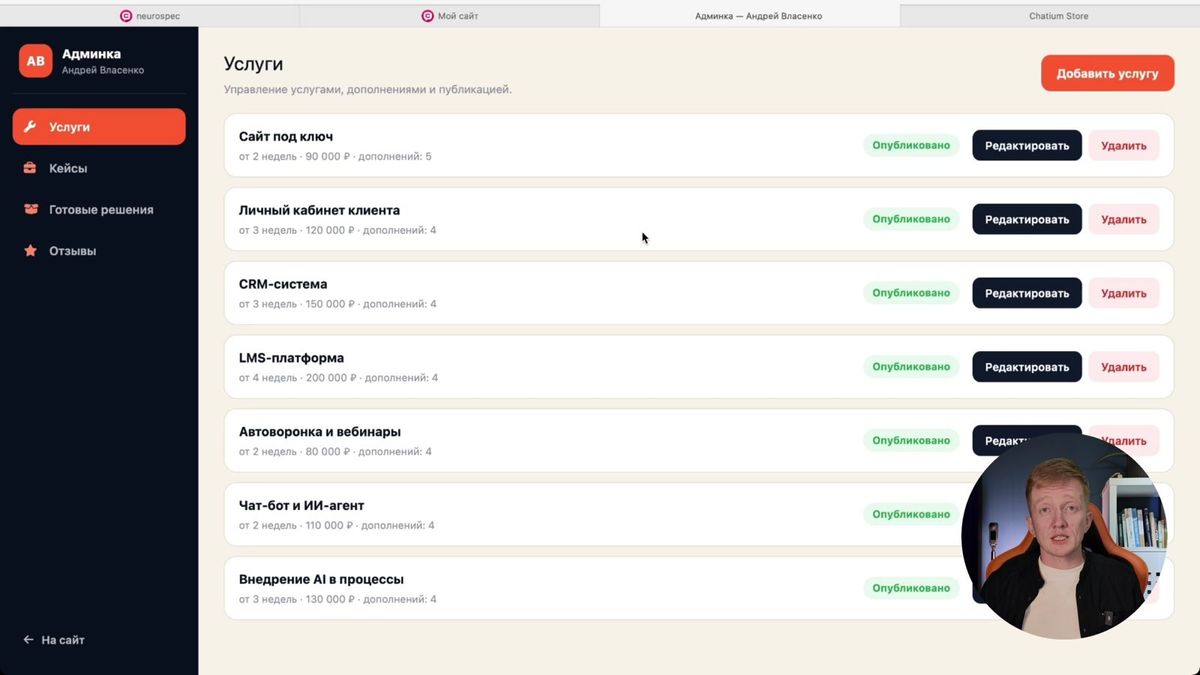 Контентные записи можно публиковать, редактировать и удалять через отдельную панель.