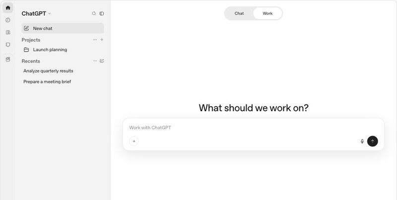 Веб-интерфейс ChatGPT с переключателем Chat и Work, проектами и полем запроса