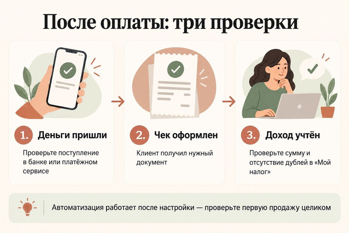 После оплаты проверьте поступление денег, передачу чека клиенту и однократный учёт дохода в «Мой налог»
