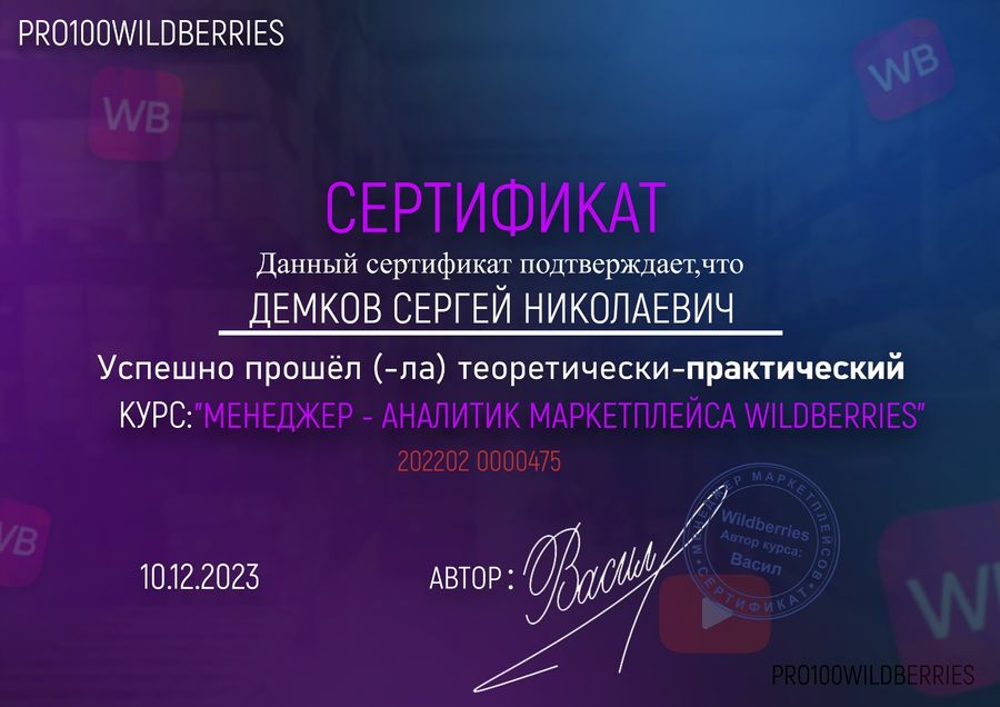 Сертификат: Менеджер – аналитик маркетплейса Wildberries — PRO100WILDBERRIES, 10 декабря 2023