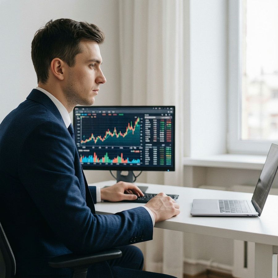 SEO-специалист смотрит графики трафика на мониторе