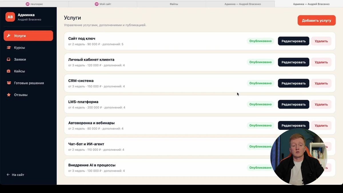 Список тренингов и действия администратора: предпросмотр, редактирование и удаление.